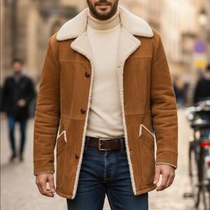 Vtg 70's The Leather Shop Tan & Cream Suede Leather Sherpa Marlboro Jacket 38R